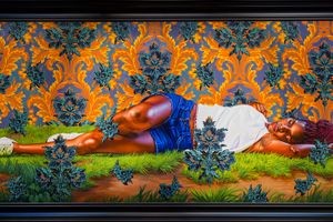 Kehinde Wiley, _Reclining Nude in Wooded Setting (Edidiong Ikobah)_ (2022). Oil on canvas. 115 x 274.2 cm. Exhibition view: _An Archaeology of Silence_, de Young Museum, San Francisco (18 March–15 October 2023). ©️ 2022 Kehinde Wiley. Courtesy the artist and Templon. Photo: Ugo Carmeni.